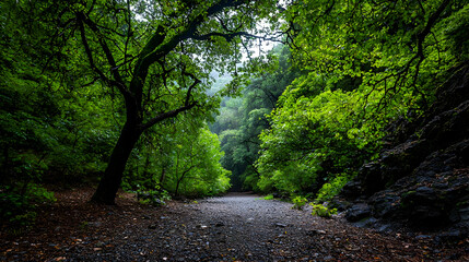 Fototapeta premium Green Lush Forest Path After Rain