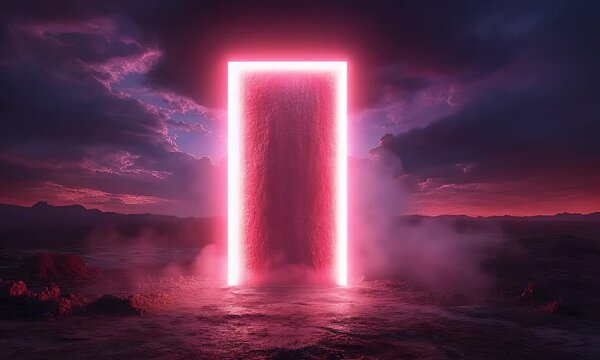 Glowing portal doorway in pink alien landscape  
