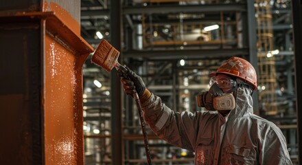 Industrial Worker Painting Steel Structure - A worker in protective gear paints a large steel beam in an industrial setting. The focus is on the detail of the painting process