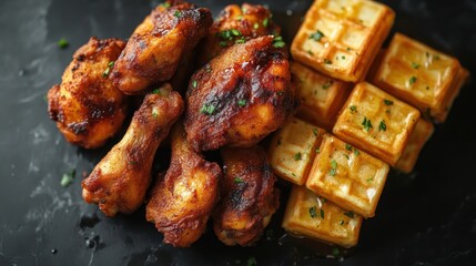 Crispy Fried Chicken Wings and Mini Waffles with Fresh Herbs Perfect for Culinary Photography