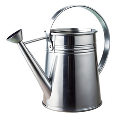 A metal watering can with handle and spout isolated on transparent background