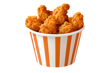 A bucket of fried chicken, with white and orange stripes, isolated on a transparent background