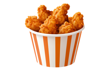 A bucket of fried chicken, with white and orange stripes, isolated on a transparent background