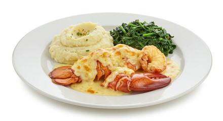Lobster Thermidor with Mashed Potatoes and Spinach - Delicious lobster thermidor served with creamy mashed potatoes and fresh spinach. A classic upscale seafood dish