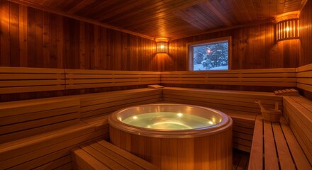 Fototapeta premium Luxurious Wooden Sauna with Hot Tub - Relax and rejuvenate in this stunning wooden sauna featuring a built-in hot tub. Perfect for a spa-like experience at home