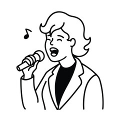 Outlined Woman Singing Passionately Into A Microphone With Musical Note Emblazoned Nearby In Isolated Illustration