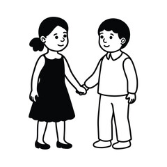 Cute Cartoon Children Holding Hands Black And White Vector Illustration Friendship And Childhood Innocence Simple Design