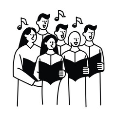 Singing Choir Group Illustration In Black And White Minimalist Style With Music Notes Design For Creative Projects