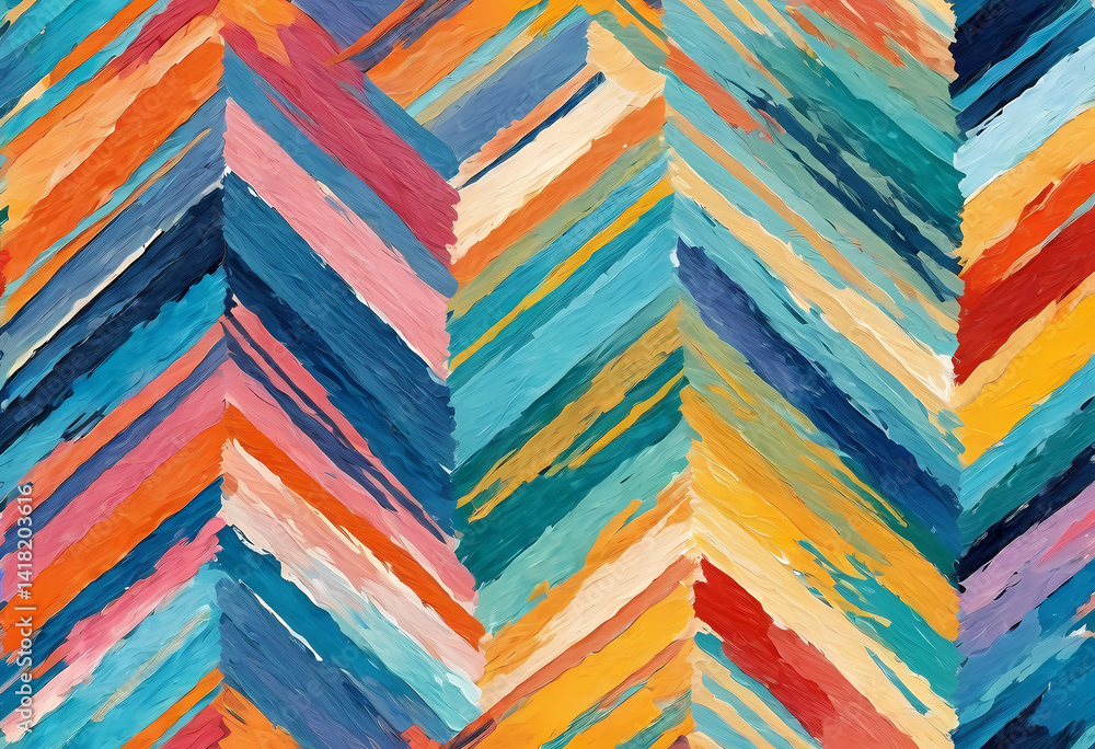 Poster dynamic chevron shapes filled with bold colors create an expressive tapestry. the interplay of vibra