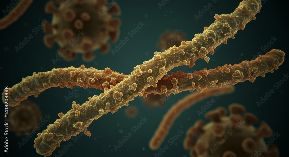 Poster microscopic virus particle clusters - close-up view of microscopic virus particles, illustrating con