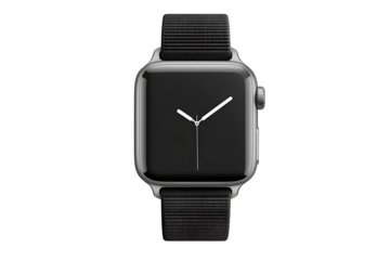 An Apple Watch, black strap and silver body, on a transparent background