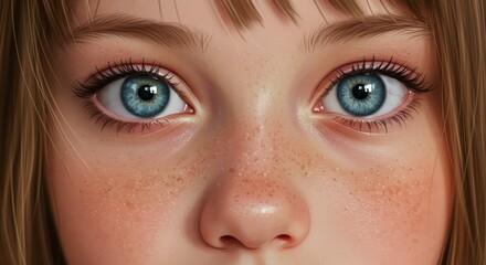 Naklejka premium Child's Eyes, Freckles, and Brown Hair - Close-up of a child's face, showcasing bright blue eyes, light skin with freckles, and brown hair