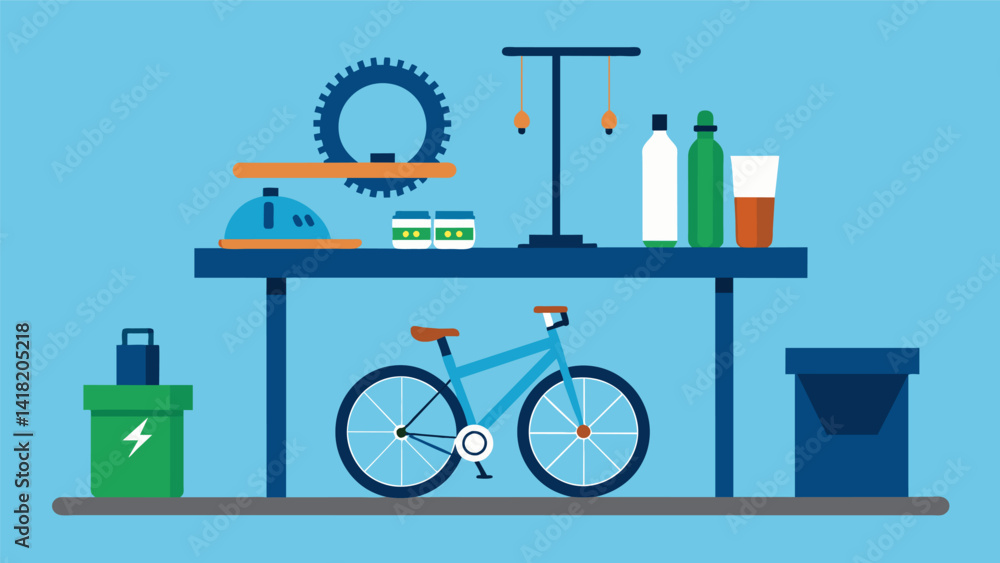 Poster a display table showcasing various recycled bike parts that have been repurposed into useful tools h