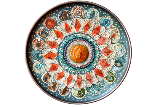 Indian-style resorts, South Indian food on a steel plate with sweet chutney and one large dosa, isolated on a transparent background