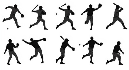High-Energy Baseball Player Poses, Baseball Players Silhouettes
