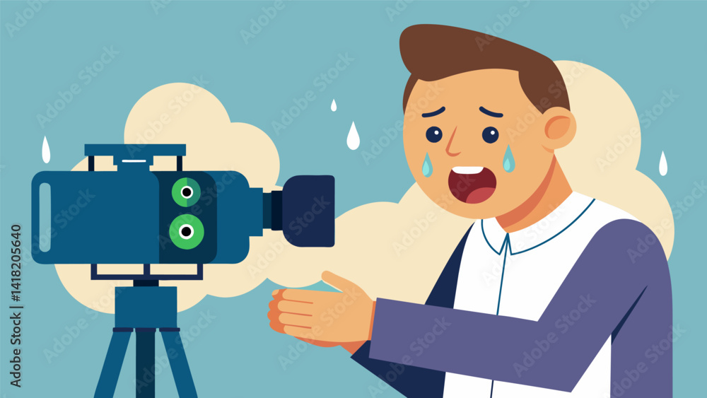 Poster a volunteer skillfully operating a video camera zooming in and capturing the tears of joy on a paris