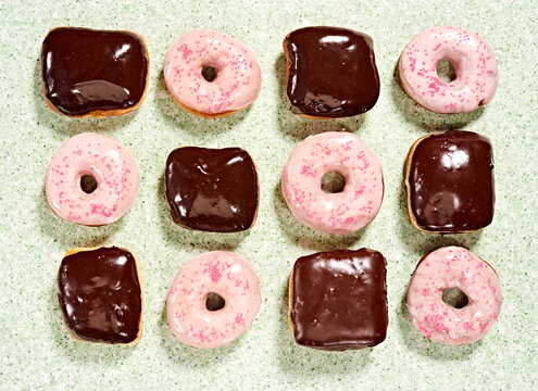 donuts, above, food, icing, chocolate, strawberry, round, square, pink, green background