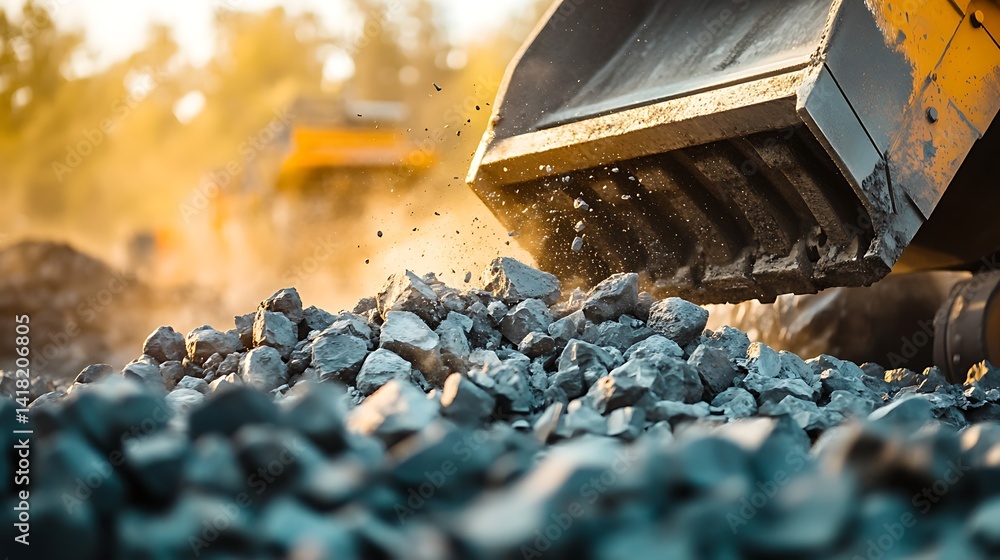 Poster high-performance rock crushing equipment operating in rugged terrain with mining background and copy