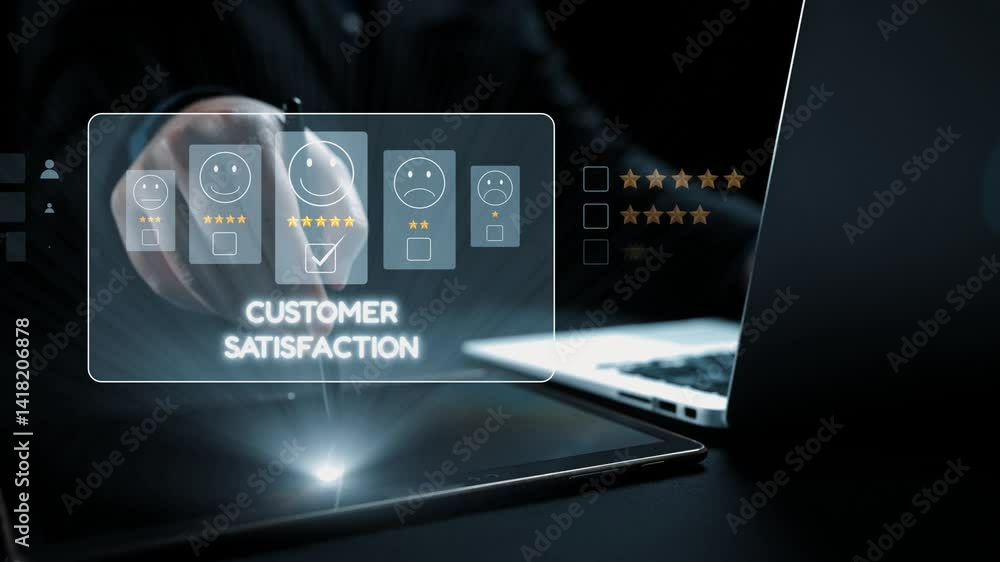 Poster a digital interface showcasing customer satisfaction ratings using smiley faces and star reviews on 