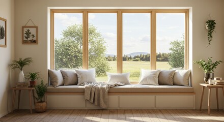 Peaceful Day Interior Window Seat Sunlight - Serene home interior, window seat bathed in sunlight, offering tranquility, comfort, and natural beauty. Symbolizing peace, relaxation, nature's embrace
