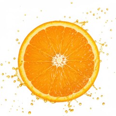 A close up of a sliced orange with juice droplets on a white background in a studio shot