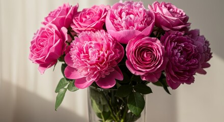 Pink Roses and Peonies Bouquet - A stunning bouquet of pink roses and peonies in a clear glass vase. Perfect for romantic occasions or adding elegance to any setting