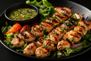 Grilled chicken skewers with a side of salad.