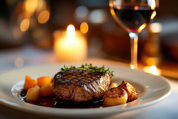 Plate of food with a glass of wine in background.