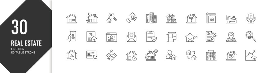 Real estate icons set with property, building, agent, transaction and housing service for web app design, icon