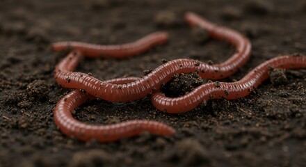 Red Worms in Dark Soil - Close-up of several red worms wriggling in dark, rich soil. Perfect for nature, ecology, or gardening themes