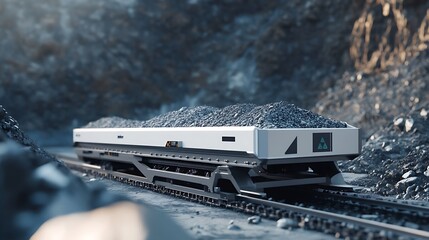 Industrial Telescopic Conveyor in Action, Handling Bulk Materials Against a Defocused Quarry Background with Branding Space