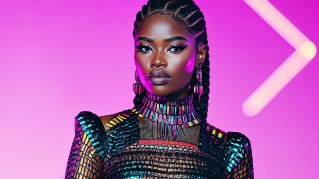 Woman wearing vibrant, futuristic fashion outfit with cornrow braids and bold makeup, posing against a glowing pink neon background.