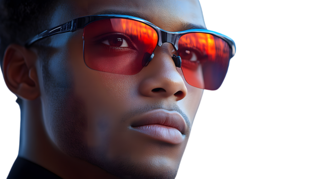Closeup portrait of a person wearing stylish sunglasses with a red reflective lens
