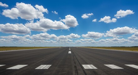 Fototapeta premium Runway to the Horizon - A long runway stretches towards a bright blue sky dotted with fluffy white clouds. Perfect for travel, freedom, and journey concepts