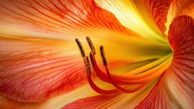 Vibrant close-up of an orange flower's interior, showcasing intricate details of petals and stamen