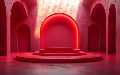 Futuristic red interior with curved stairs and arches modern design
