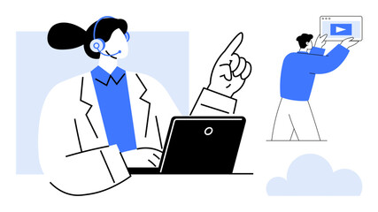 Customer support agent wearing headset working on laptop, technician holding streaming interface nearby. Ideal for customer service, tech support, online help, business training, tech solutions