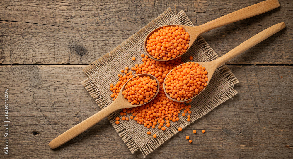 Poster red lentils in wooden spoons on burlap cloth and rustic wooden table surface. lentils are scattered 