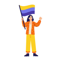 A woman holding flag in hand, flat style illustration