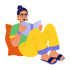 A female character reading book, flat style illustration