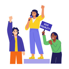 Flat style illustration of a lady speaking for women rights