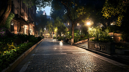 Obraz premium Rainy Cobblestone Street At Night In European City