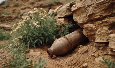 Rusty ordnance casing amidst desert landscape