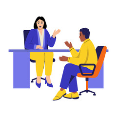 A flat style illustration of a woman negotiating with a character