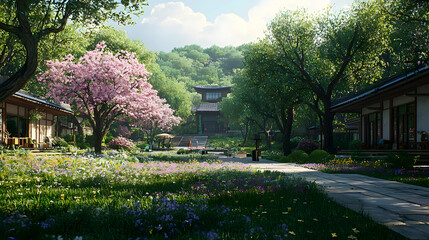 Obraz premium Springtime Japanese Garden Path With Blossoms