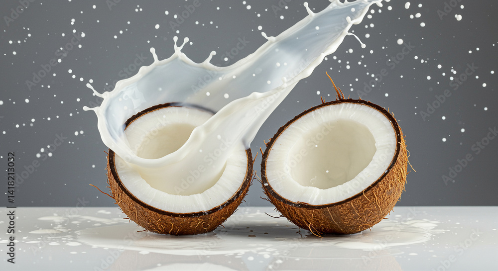 Poster halved coconuts with splashing milk create a refreshing and tropical scene against a neutral backgro
