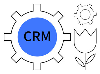 Blue CRM gear surrounded by smaller gear and tulip outline symbolizing business growth and system efficiency. Ideal for customer management, automation, teamwork, growth, innovation, business