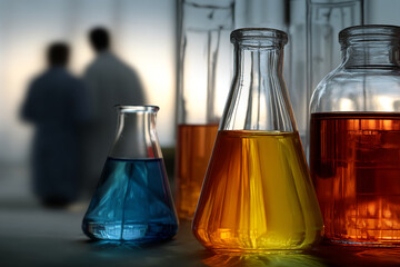 Close-up of glass flasks containing blue, orange, and brown liquids, showcasing scientific research or laboratory setting, symbolizing discovery and experimentation