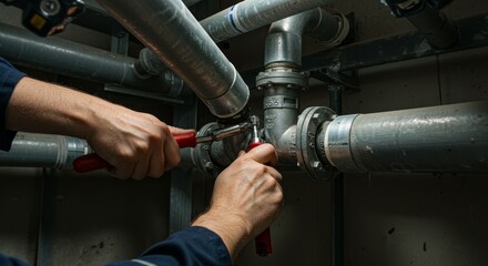 Sewage Plant Pipe Repair Close Up - A plumber meticulously repairs water pipelines in a municipal sewage treatment plant. The symbolizes precision, maintenance, infrastructure, expertise