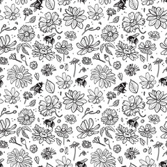 Vector seamless pattern with flowers and bees